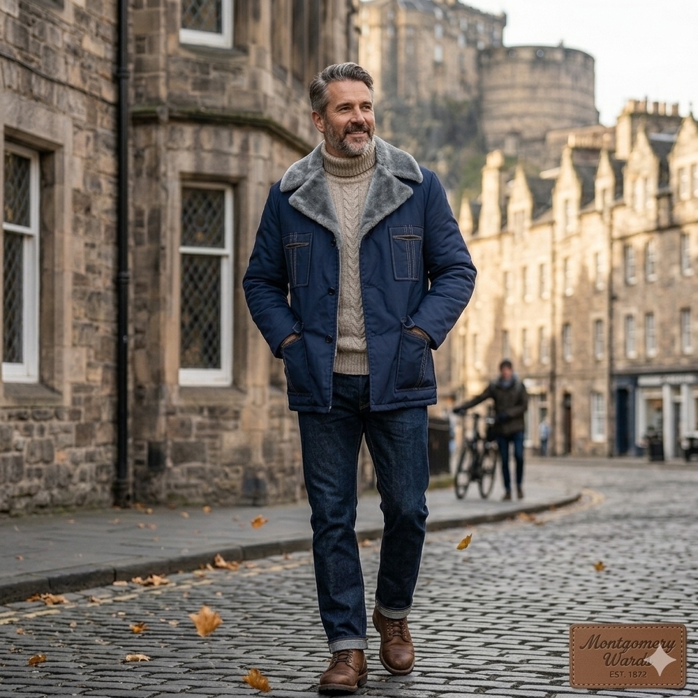 Vintage Montgomery Wards 70s Storm Proof Faux fur Jacket, Navy, Men's 44